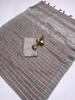 Pure Cotton Linen Saree with Silver Jari Weaving & Tassels