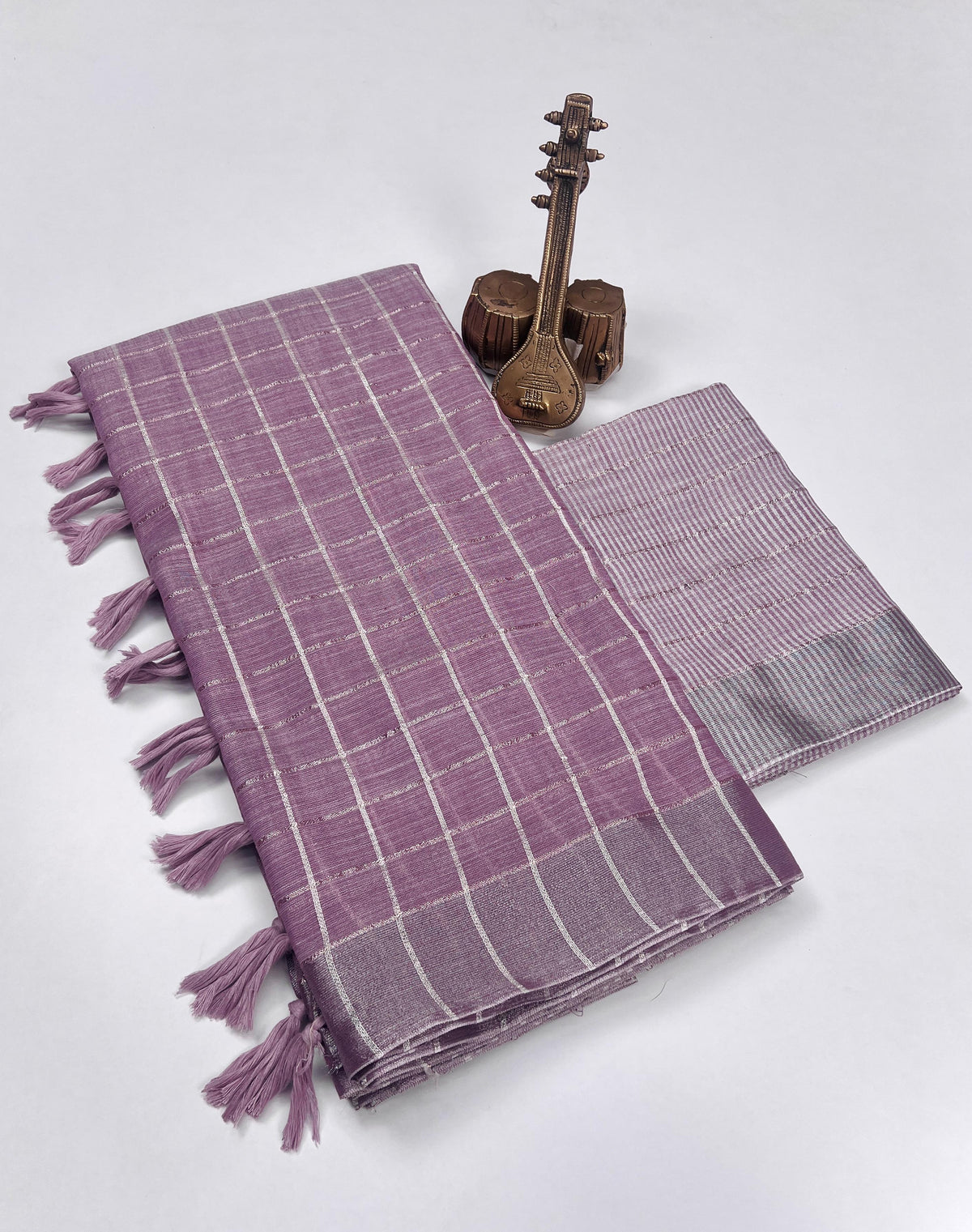 Pure Cotton Linen Saree with Silver Jari Weaving & Tassels