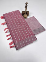 Pure Cotton Linen Saree with Silver Jari Weaving & Tassels