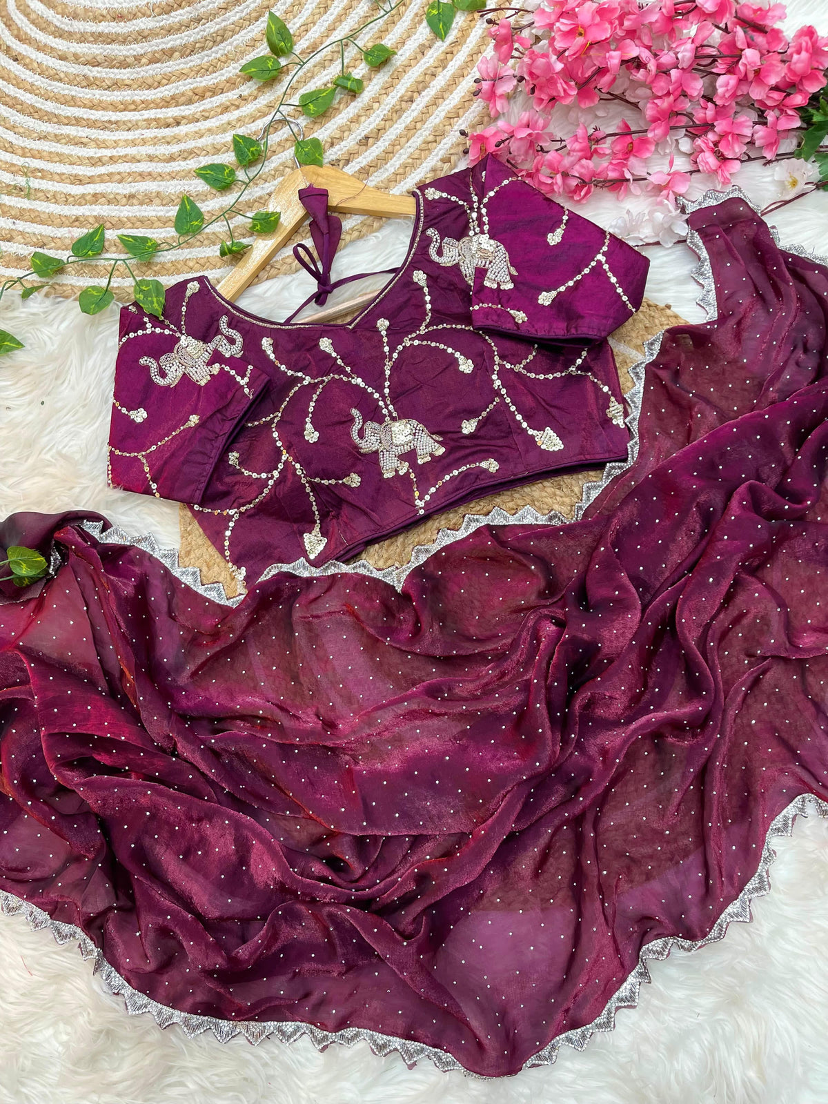 Pure Soft Satin Silk Saree with Heavy Hand Jharkhand Border & Fully Stitched Beads Jhal Blouse