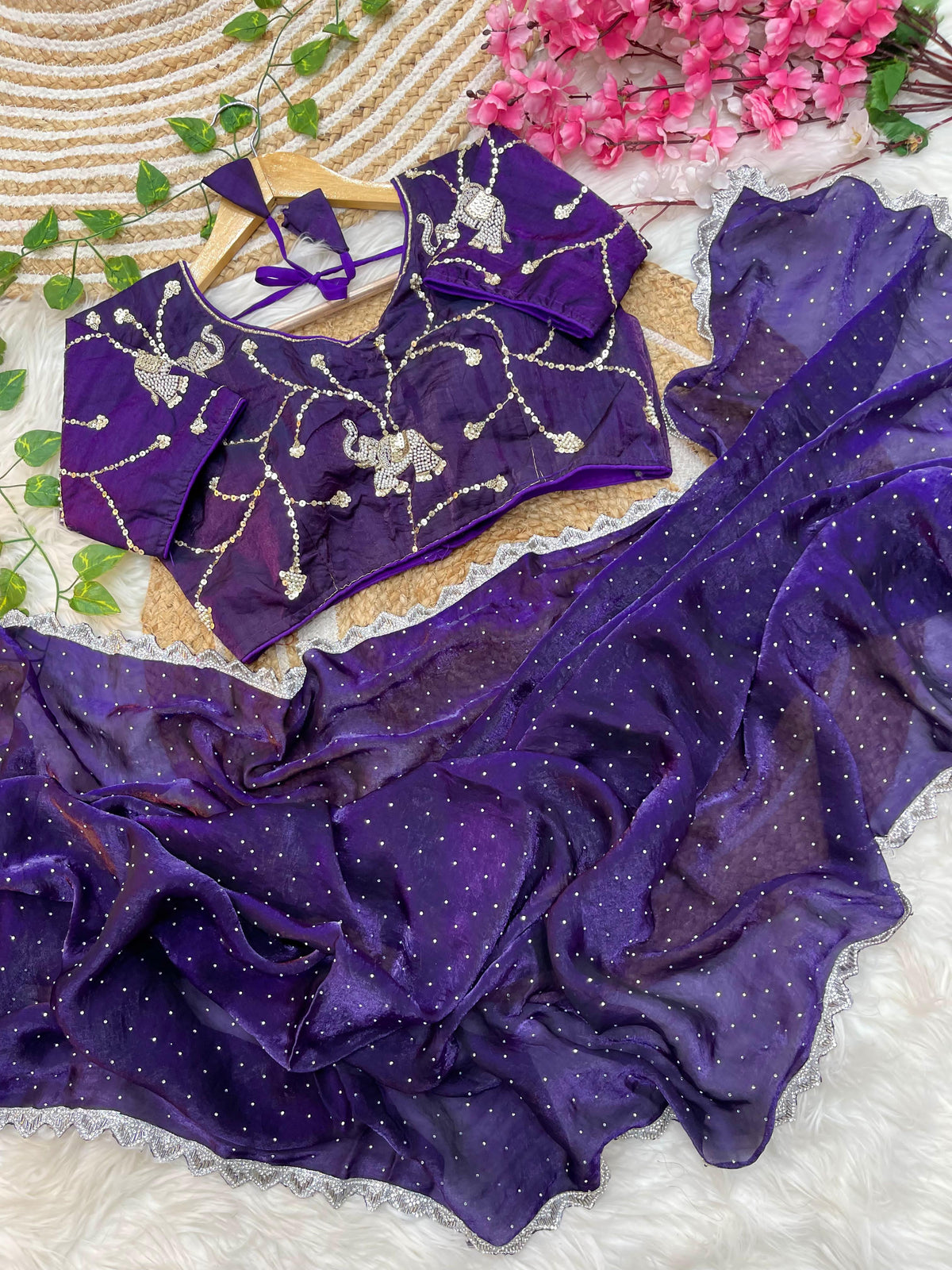 Pure Soft Satin Silk Saree with Heavy Hand Jharkhand Border & Fully Stitched Beads Jhal Blouse