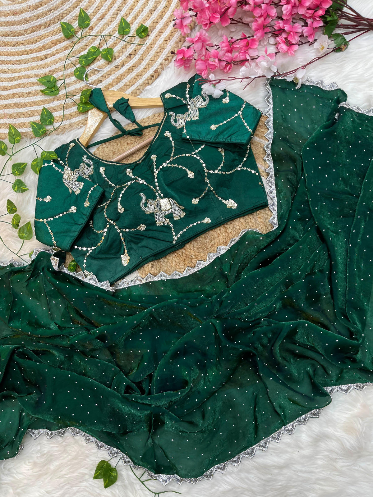 Pure Soft Satin Silk Saree with Heavy Hand Jharkhand Border & Fully Stitched Beads Jhal Blouse