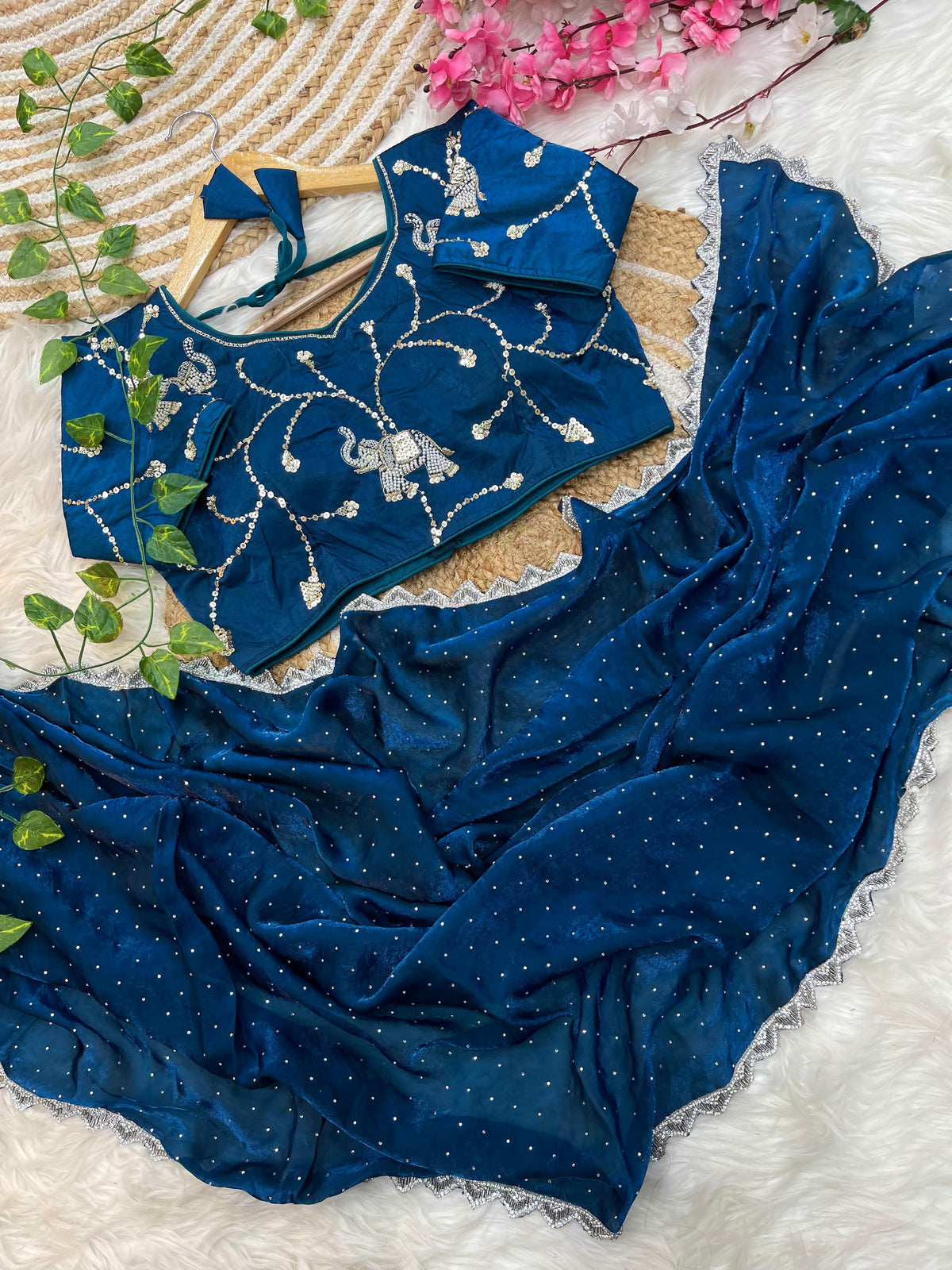 Pure Soft Satin Silk Saree with Heavy Hand Jharkhand Border & Fully Stitched Beads Jhal Blouse