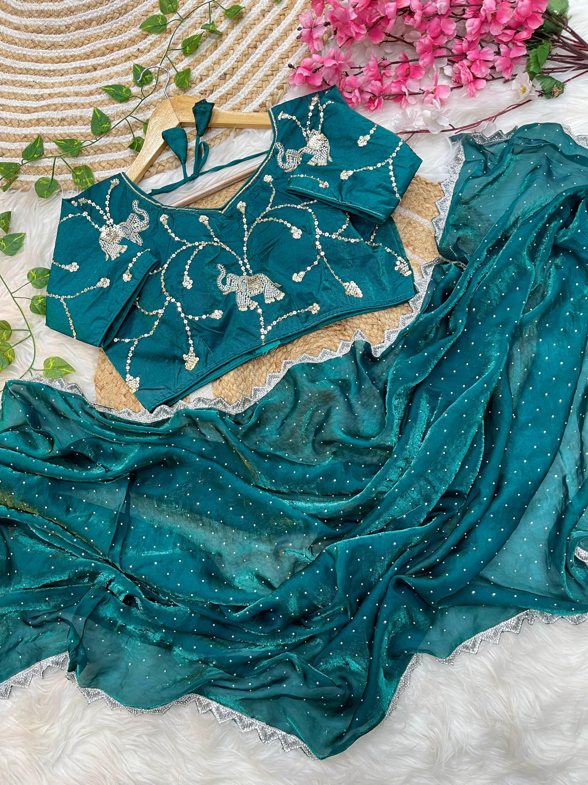 Pure Soft Satin Silk Saree with Heavy Hand Jharkhand Border & Fully Stitched Beads Jhal Blouse