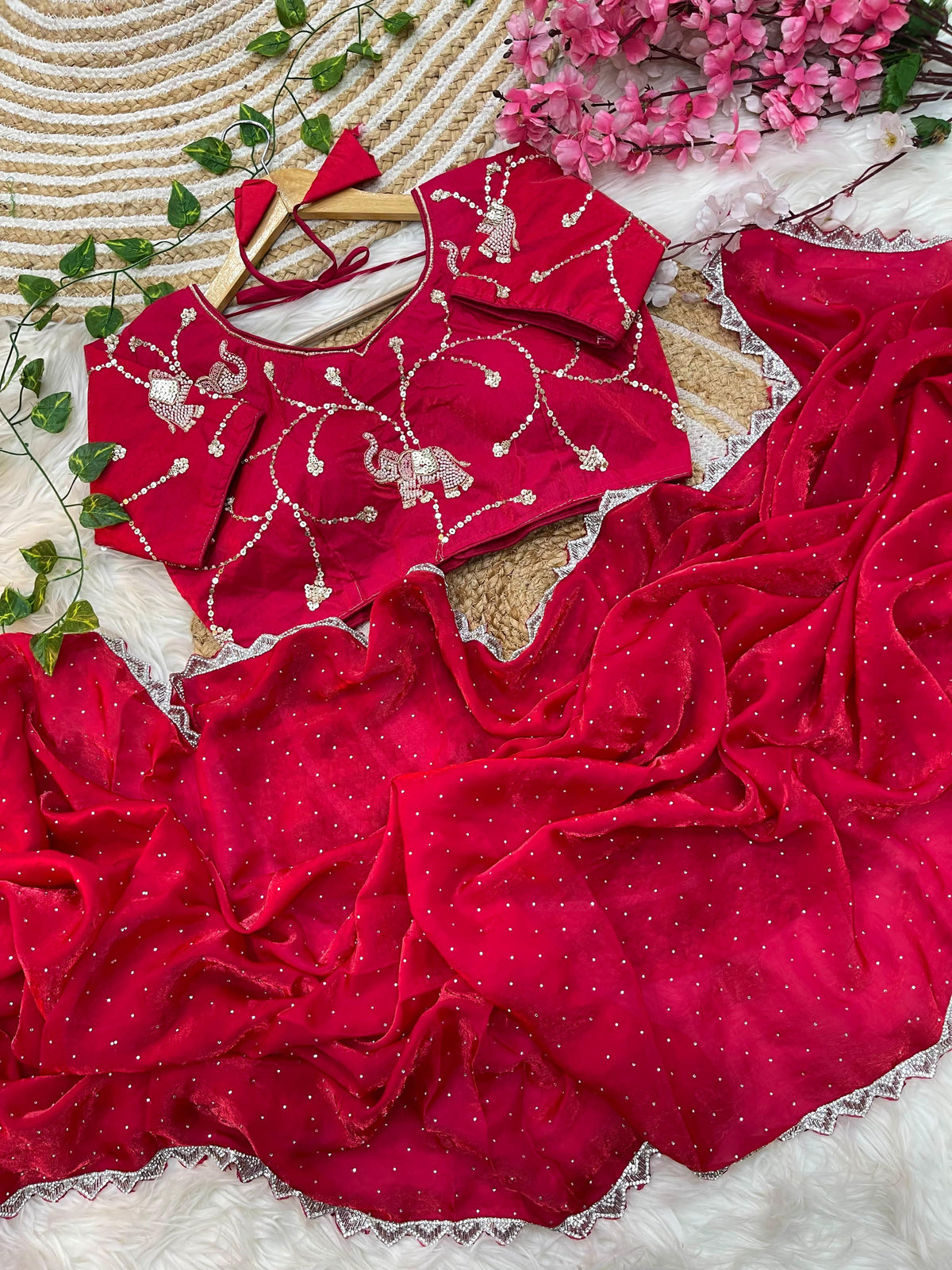 Pure Soft Satin Silk Saree with Heavy Hand Jharkhand Border & Fully Stitched Beads Jhal Blouse