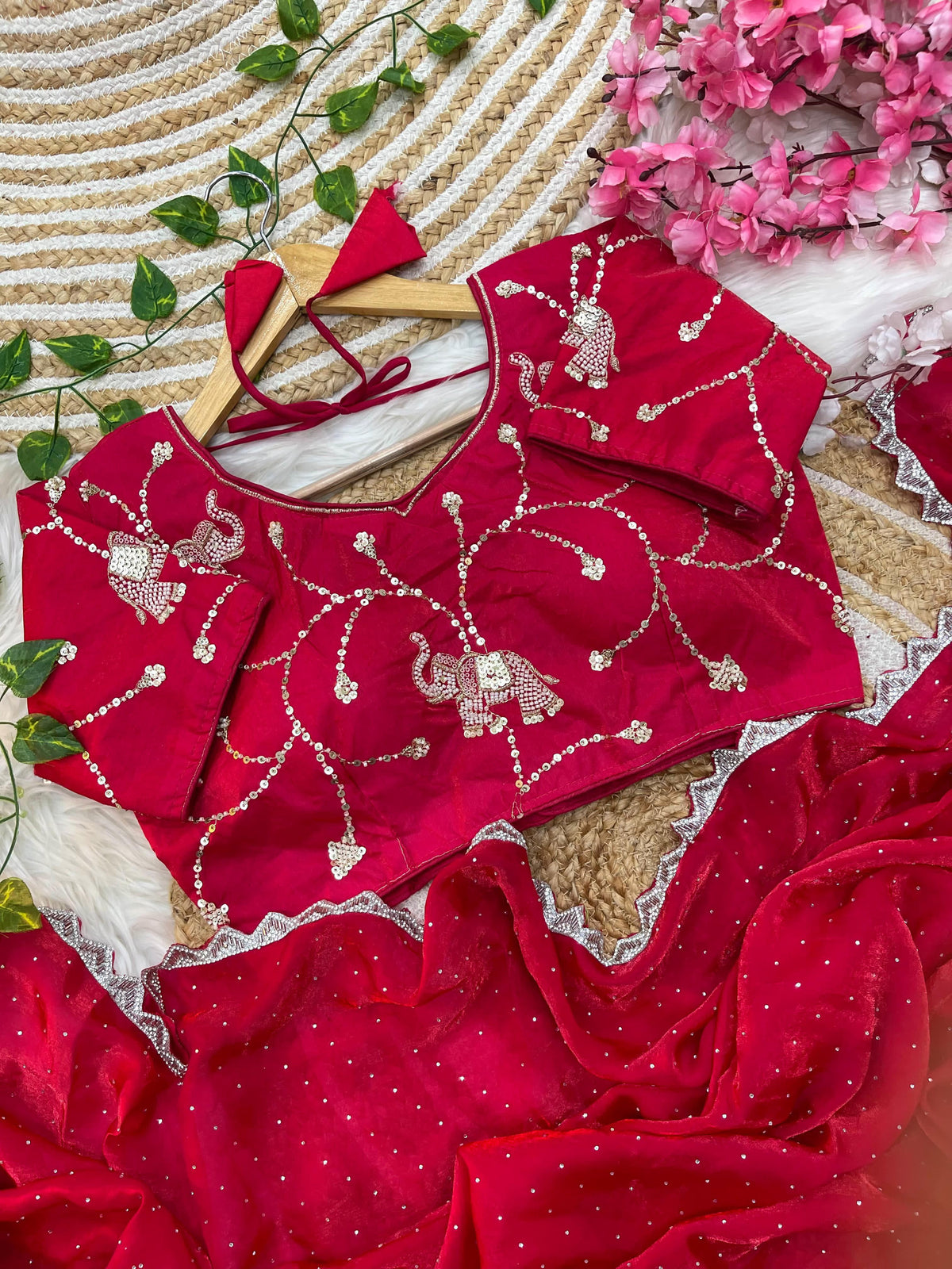 Pure Soft Satin Silk Saree with Heavy Hand Jharkhand Border & Fully Stitched Beads Jhal Blouse