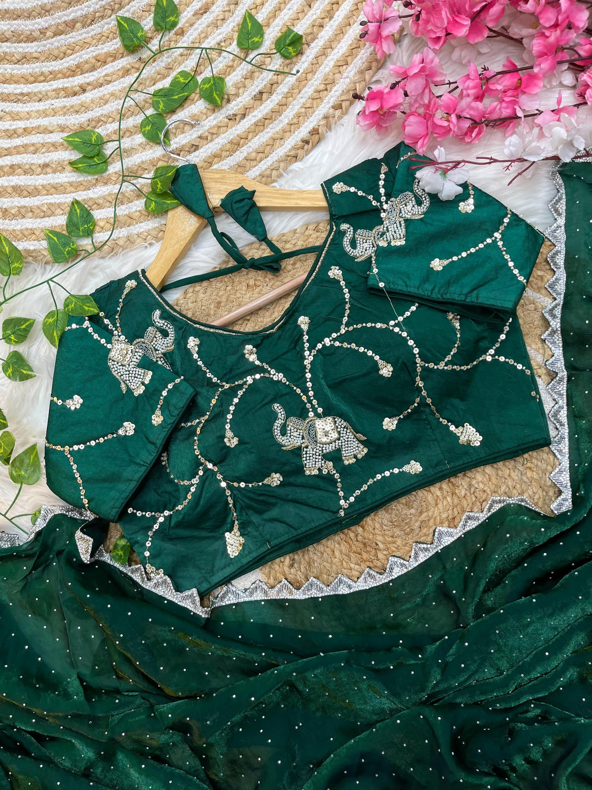 Pure Soft Satin Silk Saree with Heavy Hand Jharkhand Border & Fully Stitched Beads Jhal Blouse