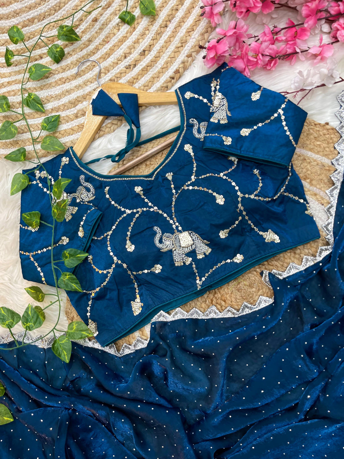 Pure Soft Satin Silk Saree with Heavy Hand Jharkhand Border & Fully Stitched Beads Jhal Blouse