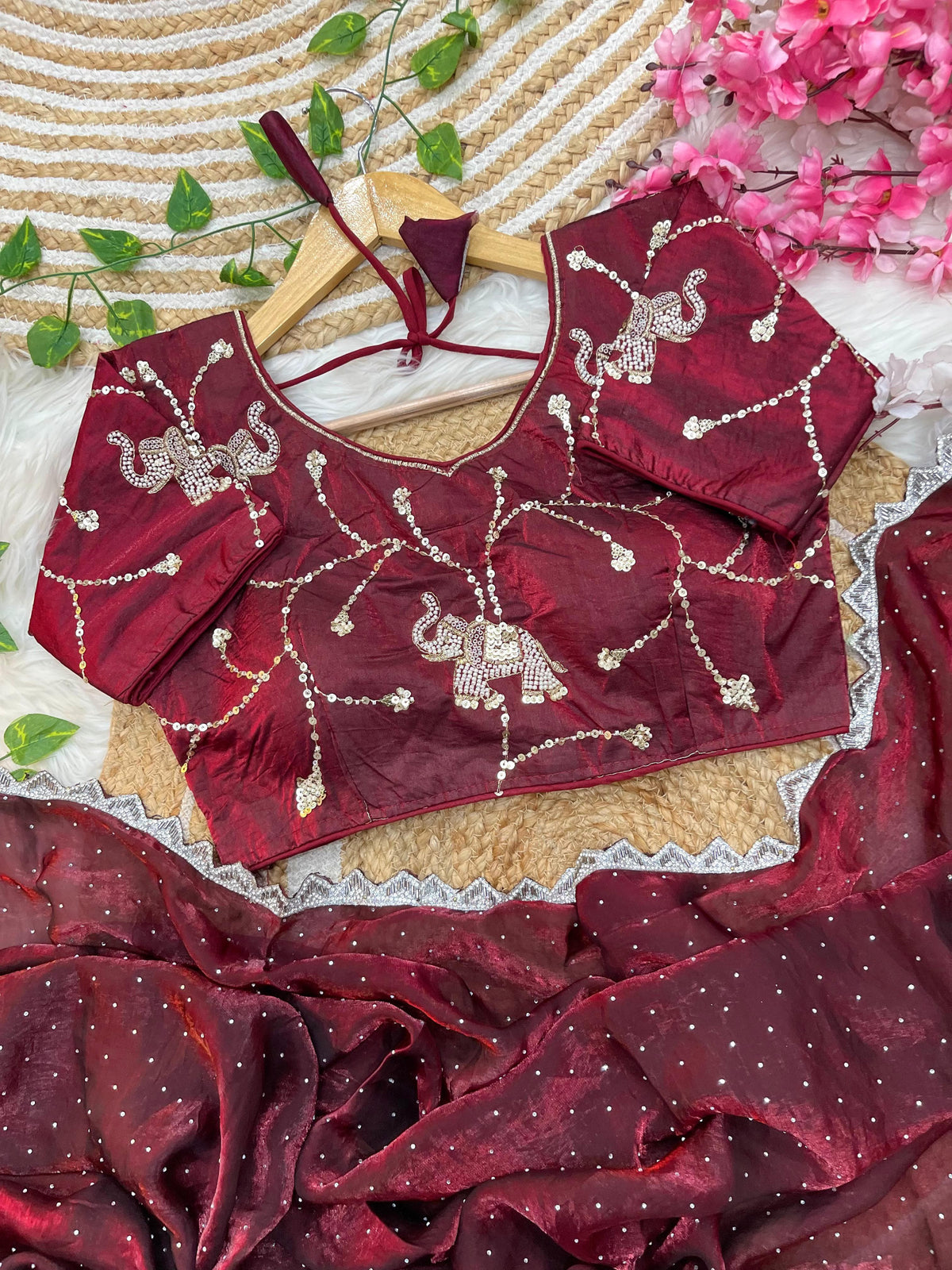 Pure Soft Satin Silk Saree with Heavy Hand Jharkhand Border & Fully Stitched Beads Jhal Blouse