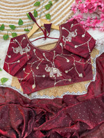 Pure Soft Satin Silk Saree with Heavy Hand Jharkhand Border & Fully Stitched Beads Jhal Blouse