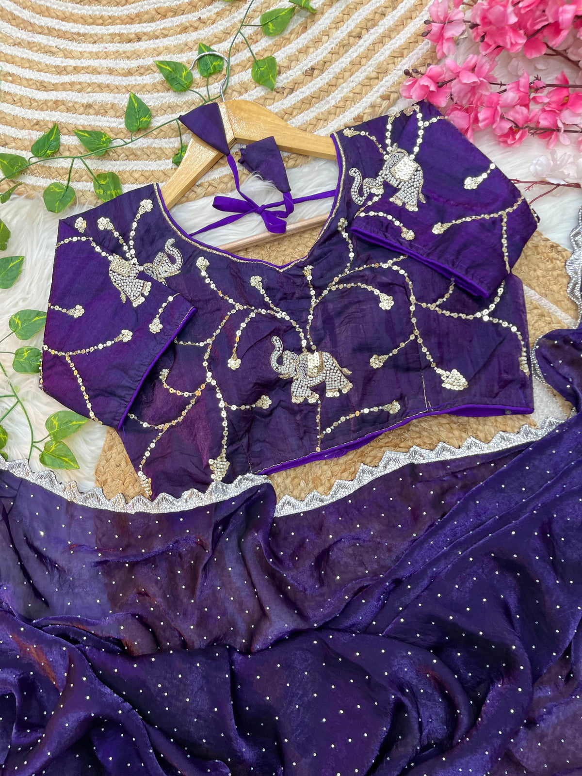 Pure Soft Satin Silk Saree with Heavy Hand Jharkhand Border & Fully Stitched Beads Jhal Blouse