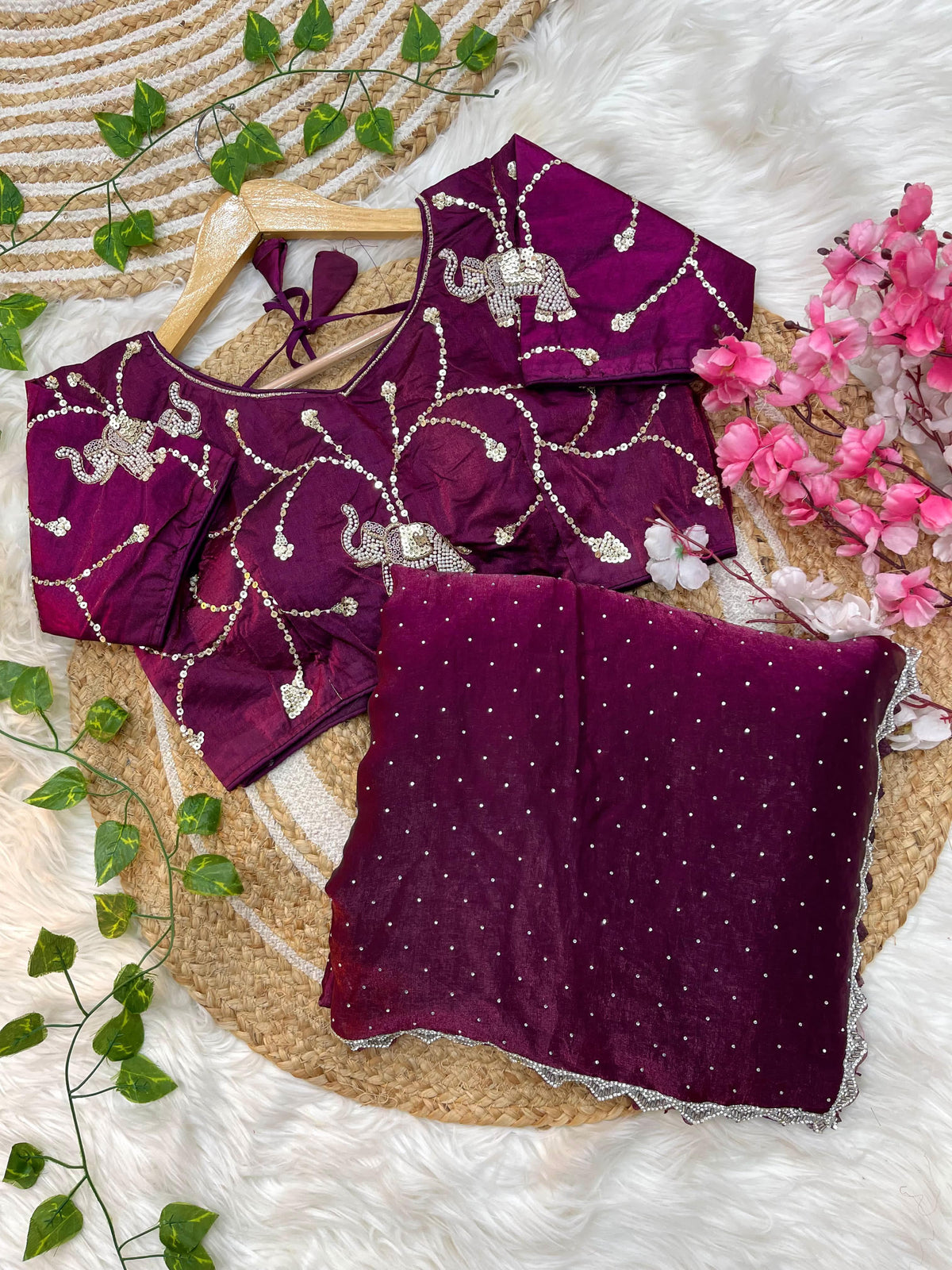 Pure Soft Satin Silk Saree with Heavy Hand Jharkhand Border & Fully Stitched Beads Jhal Blouse