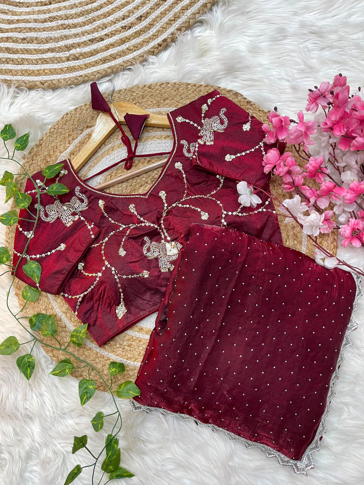 Pure Soft Satin Silk Saree with Heavy Hand Jharkhand Border & Fully Stitched Beads Jhal Blouse