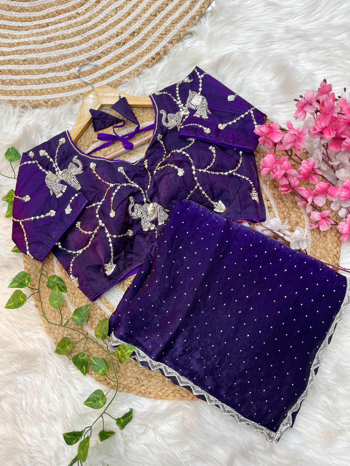 Pure Soft Satin Silk Saree with Heavy Hand Jharkhand Border & Fully Stitched Beads Jhal Blouse