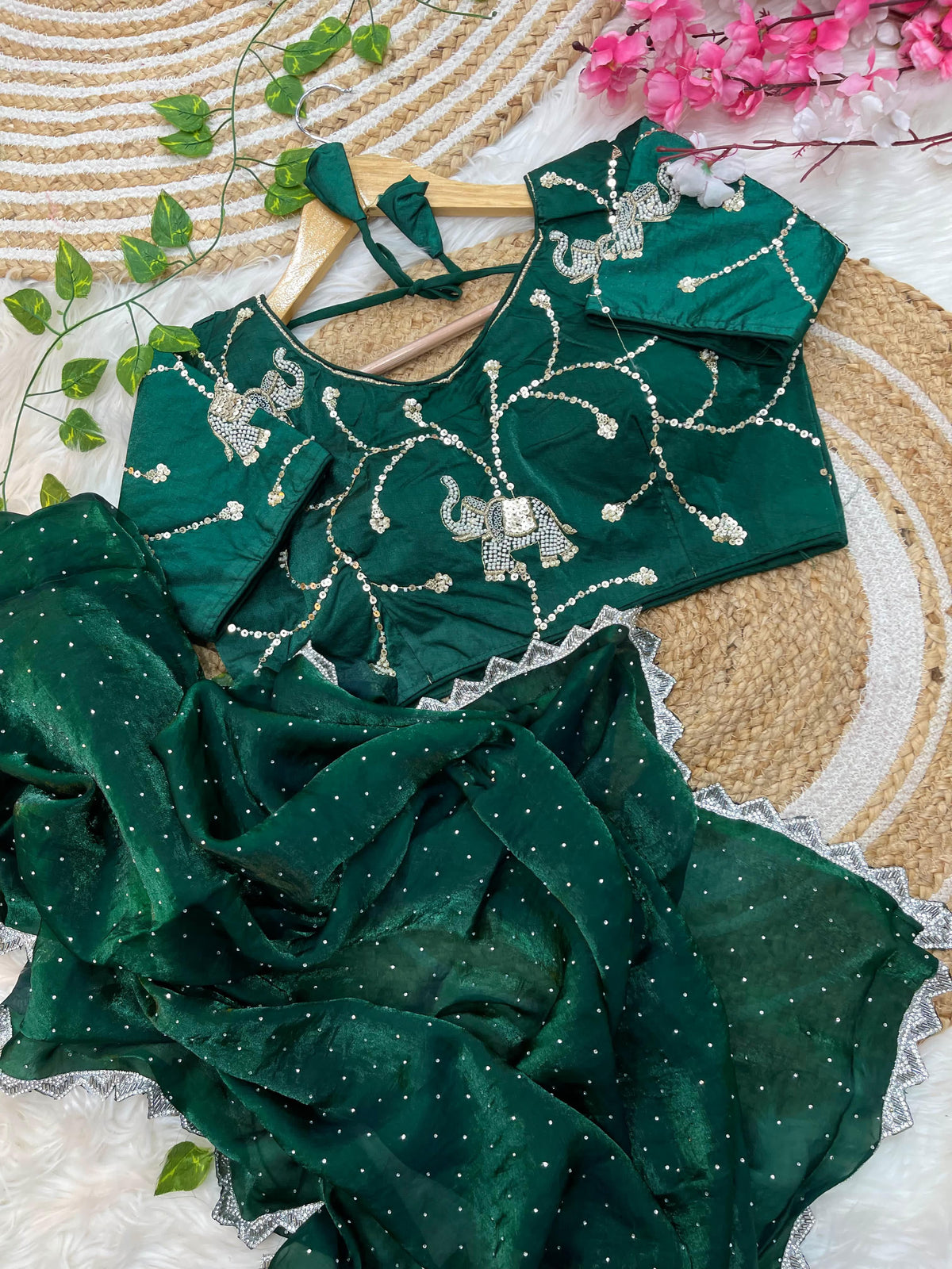 Pure Soft Satin Silk Saree with Heavy Hand Jharkhand Border & Fully Stitched Beads Jhal Blouse