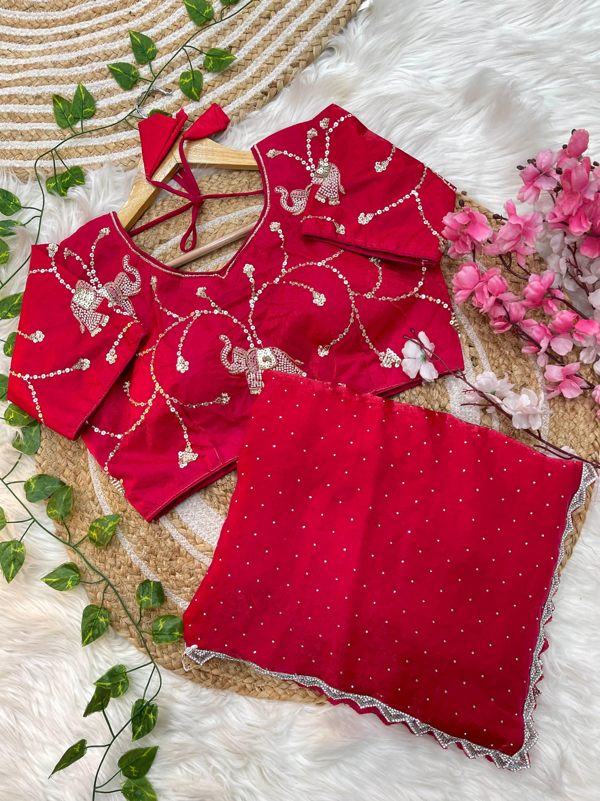 Pure Soft Satin Silk Saree with Heavy Hand Jharkhand Border & Fully Stitched Beads Jhal Blouse