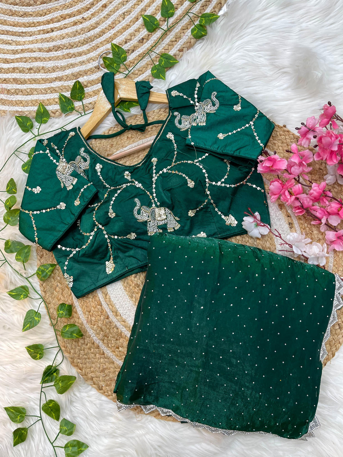 Pure Soft Satin Silk Saree with Heavy Hand Jharkhand Border & Fully Stitched Beads Jhal Blouse