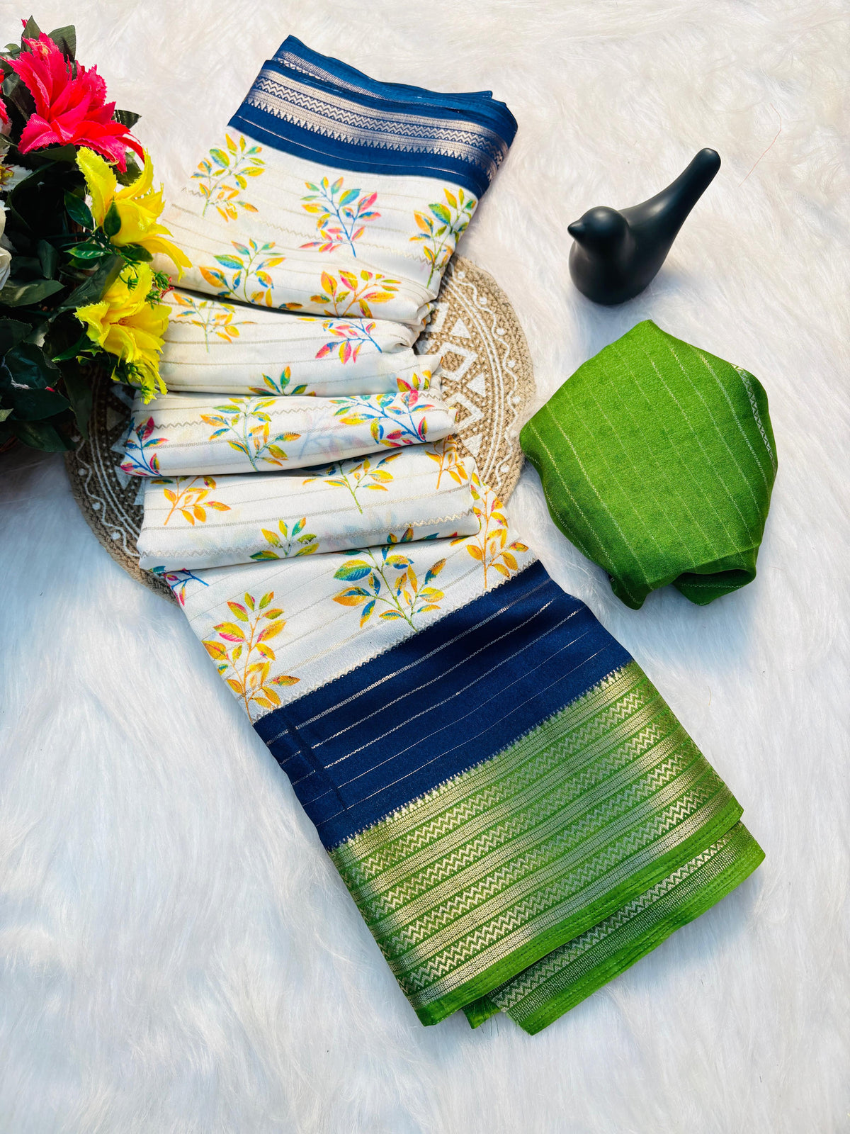 Elegant Dull Moss Jik-Jak Pattern Saree with Matching Blouse – Super Soft Fabric