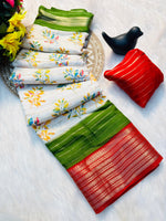 Elegant Dull Moss Jik-Jak Pattern Saree with Matching Blouse – Super Soft Fabric