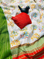 Elegant Dull Moss Jik-Jak Pattern Saree with Matching Blouse – Super Soft Fabric