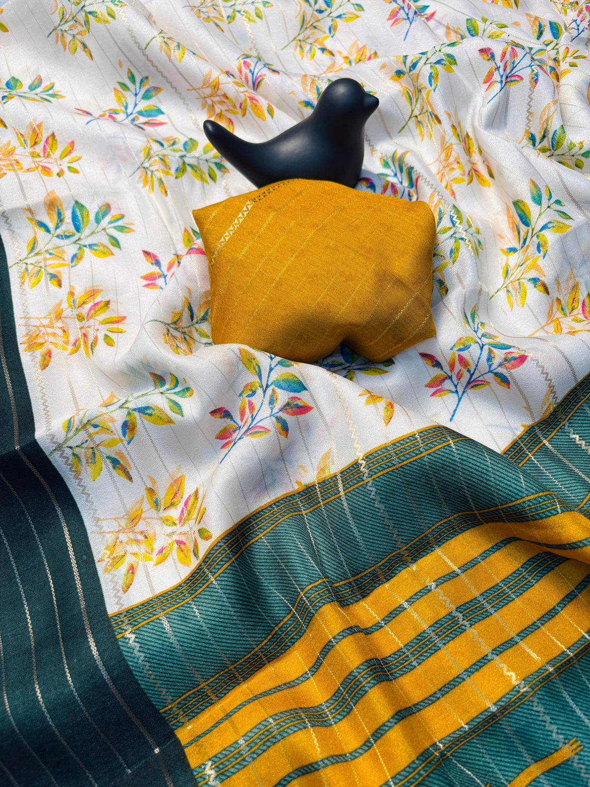 Elegant Dull Moss Jik-Jak Pattern Saree with Matching Blouse – Super Soft Fabric