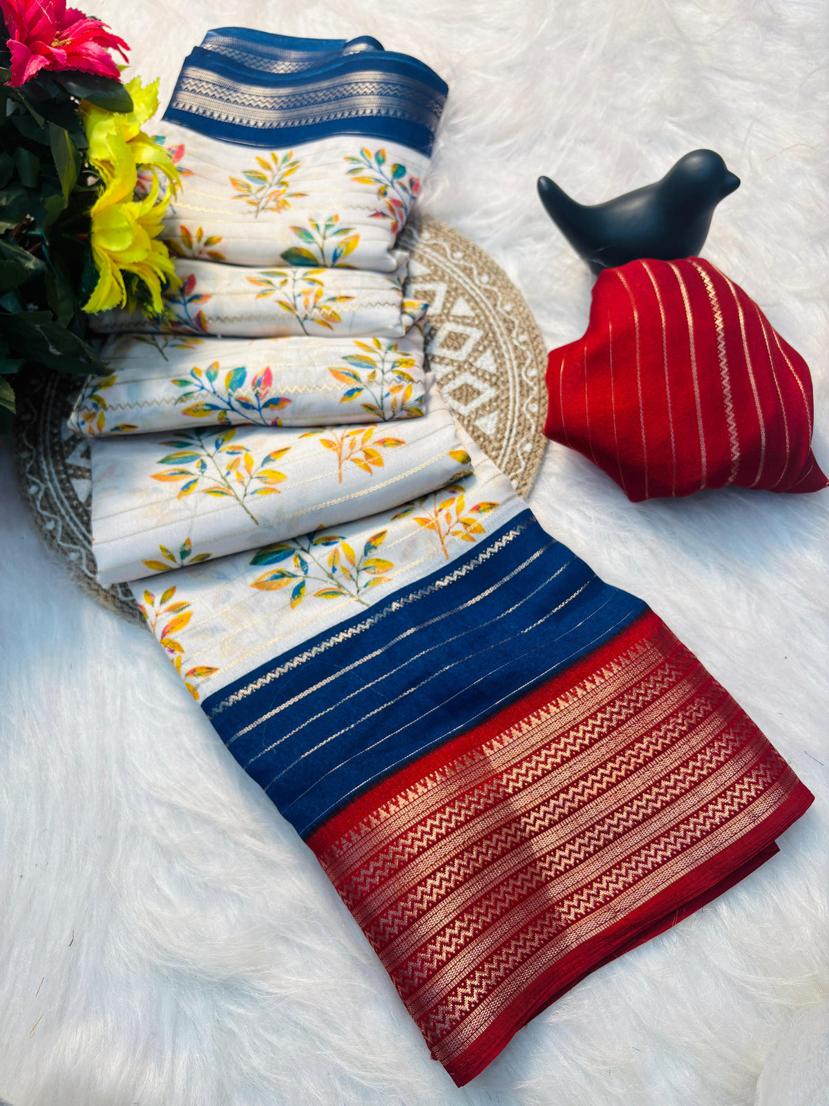 Elegant Dull Moss Jik-Jak Pattern Saree with Matching Blouse – Super Soft Fabric