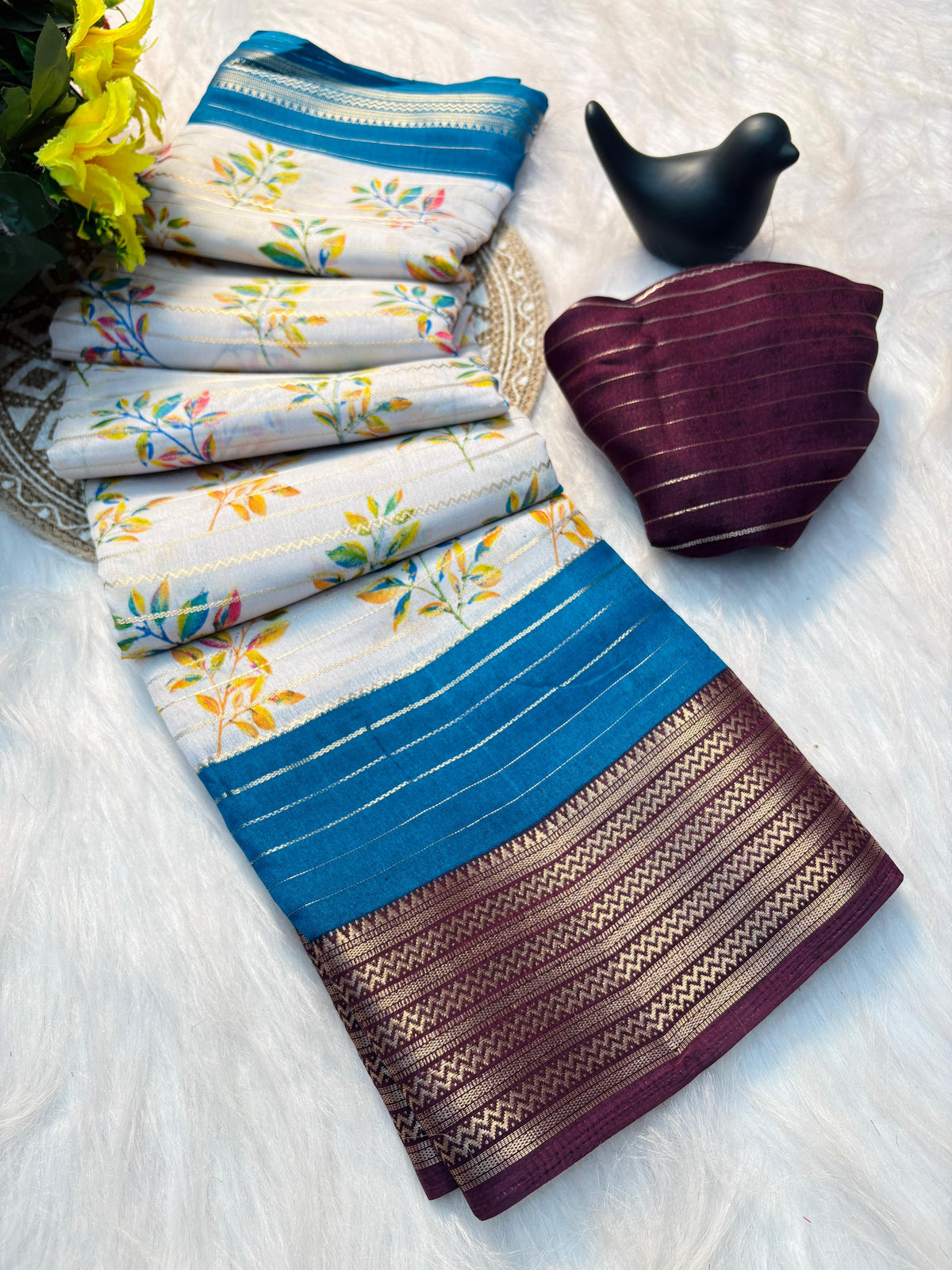 Elegant Dull Moss Jik-Jak Pattern Saree with Matching Blouse – Super Soft Fabric