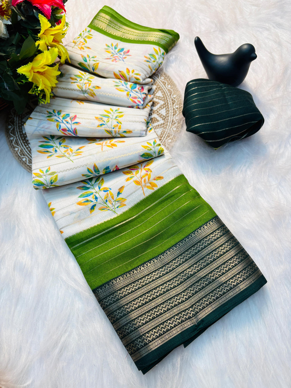 Elegant Dull Moss Jik-Jak Pattern Saree with Matching Blouse – Super Soft Fabric