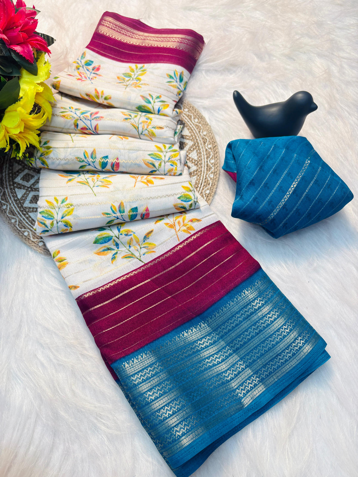 Elegant Dull Moss Jik-Jak Pattern Saree with Matching Blouse – Super Soft Fabric