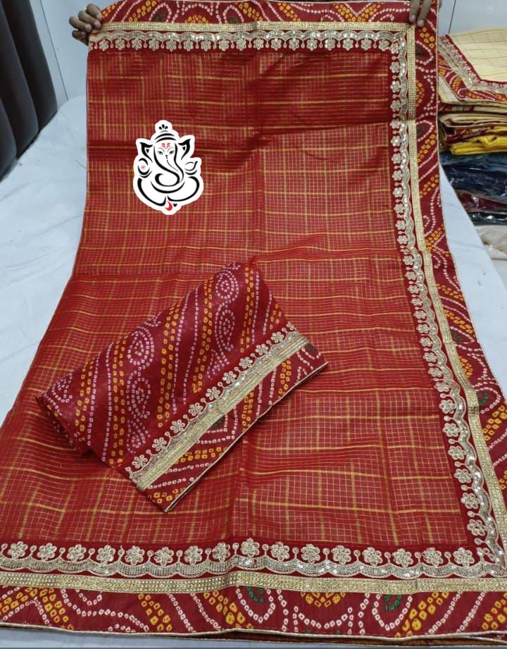 Traditional Bandhej Cotton Silk Saree with Jari Weaving Checks
