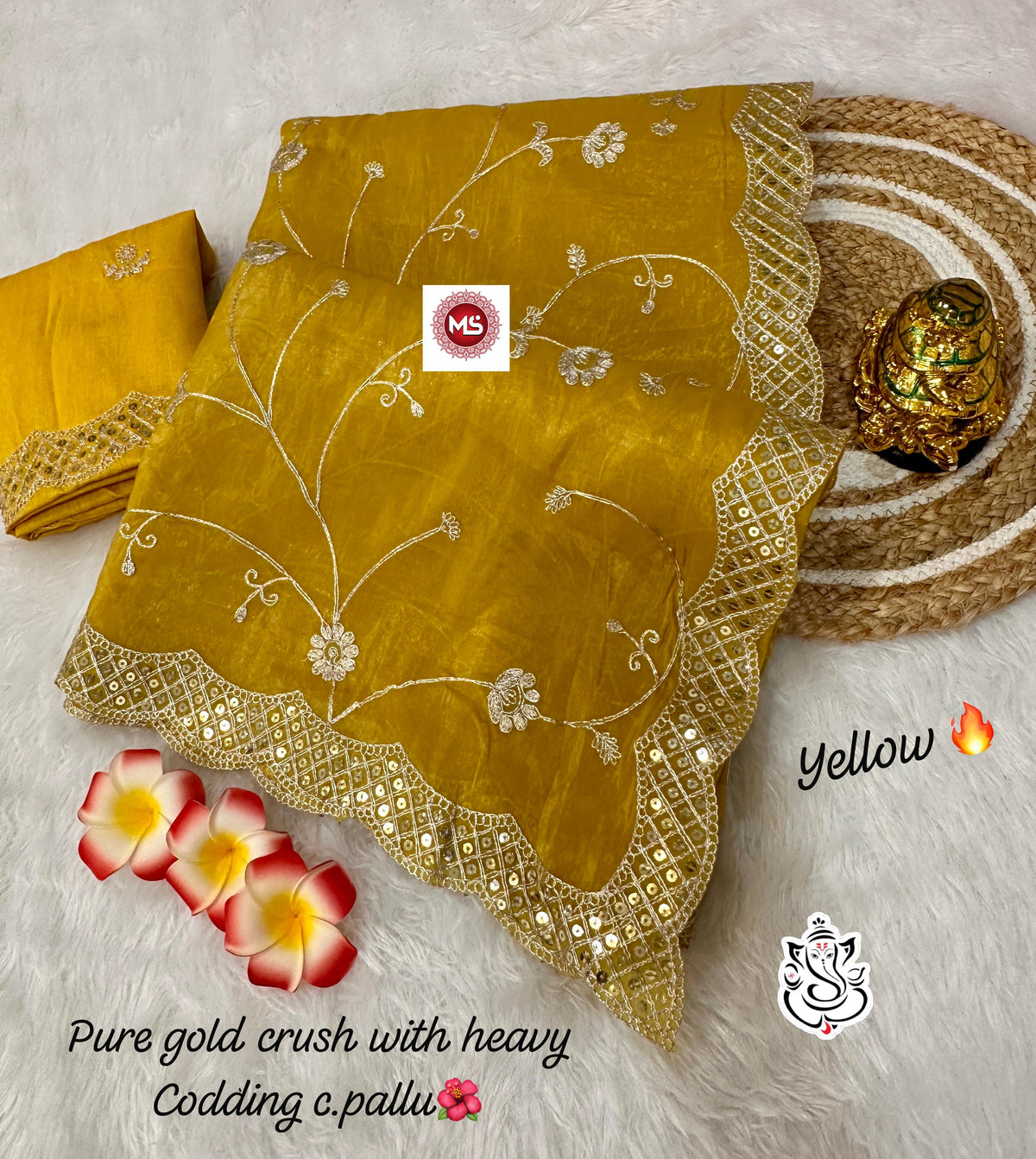 Exclusive Gold Crush Saree with Pitta Codding Zaal & Sequins Work