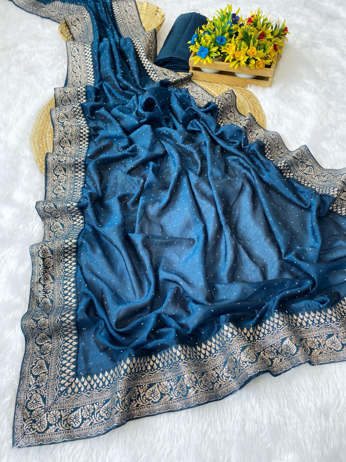 Kamela Vichitra Silk Saree with Diamond Work & Fancy Jequrd Lace