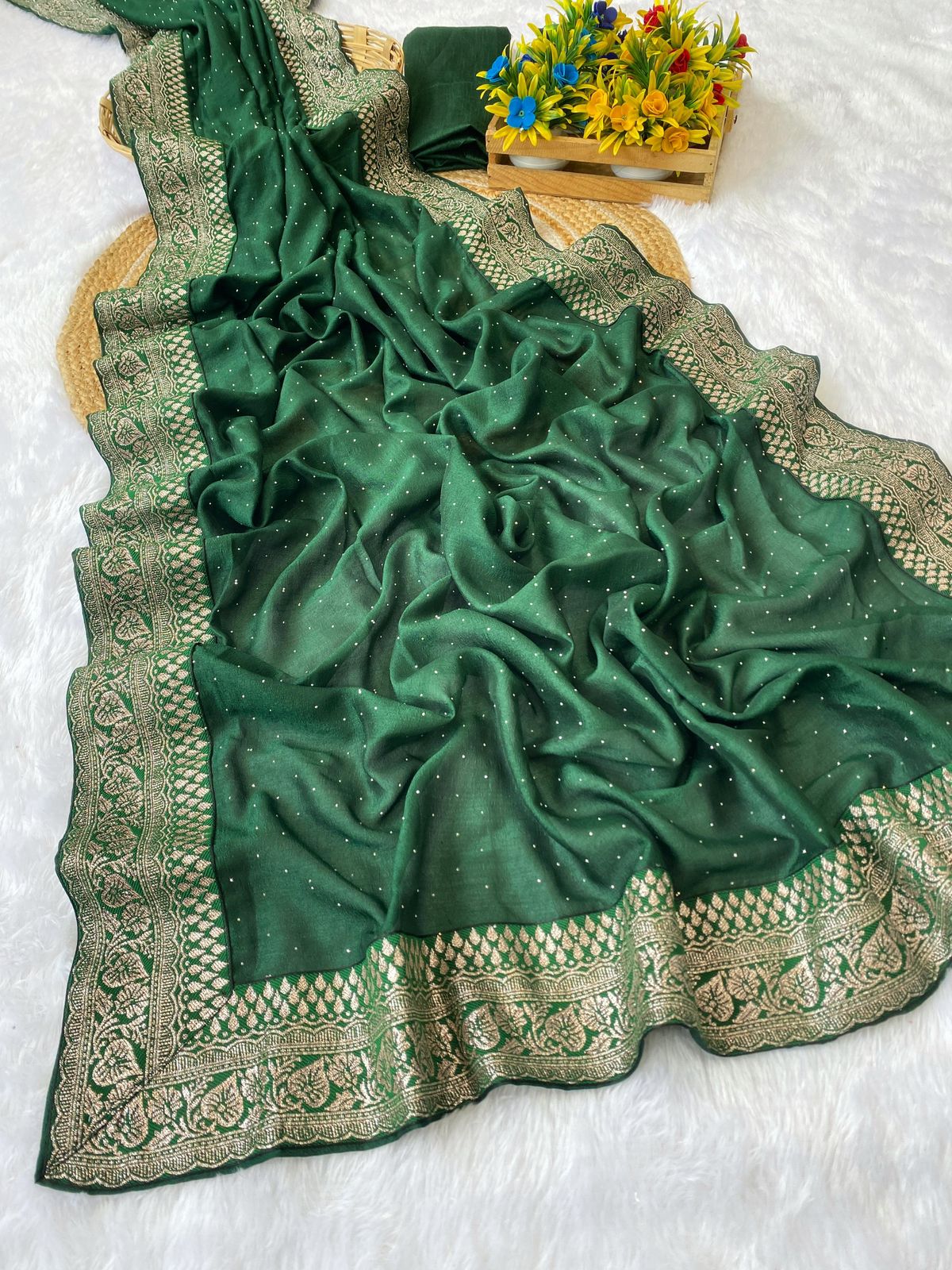 Kamela Vichitra Silk Saree with Diamond Work & Fancy Jequrd Lace