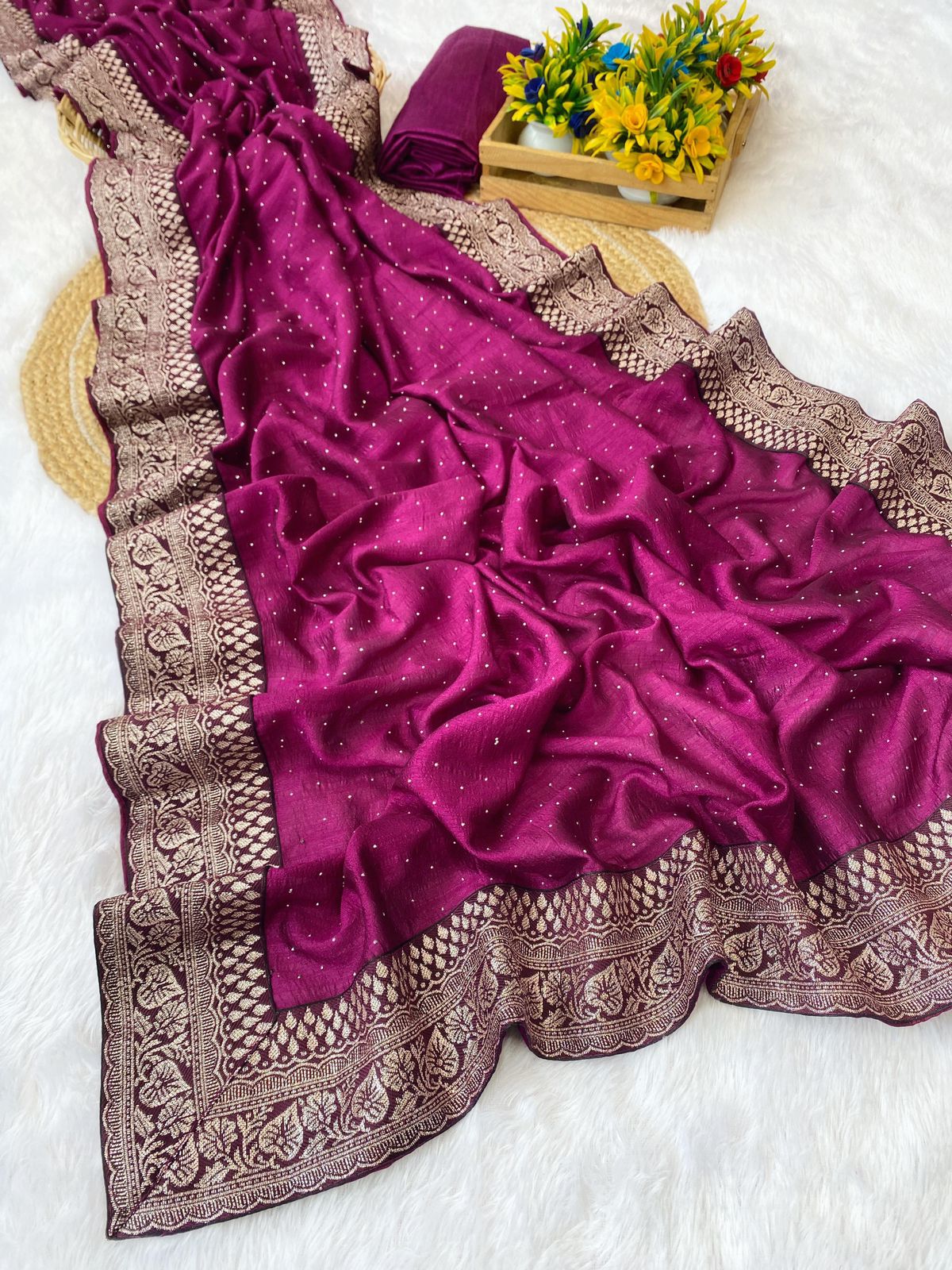 Kamela Vichitra Silk Saree with Diamond Work & Fancy Jequrd Lace