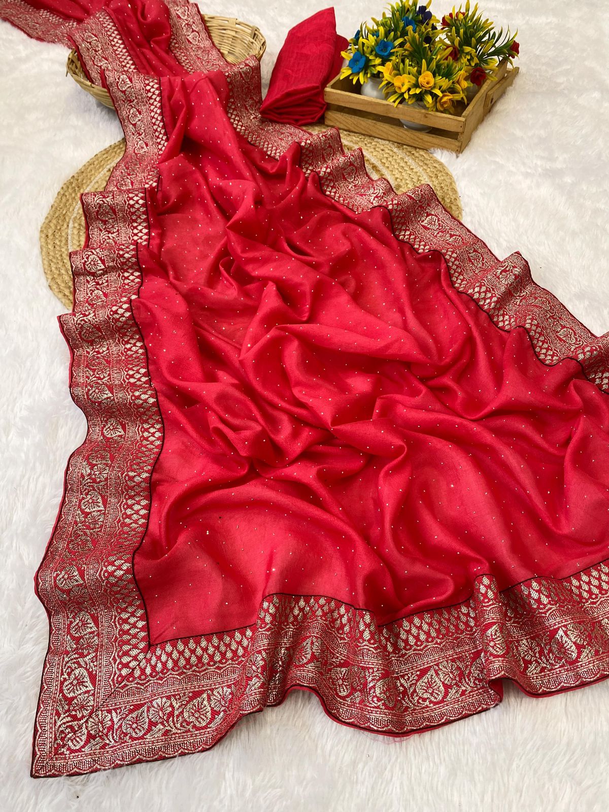 Kamela Vichitra Silk Saree with Diamond Work & Fancy Jequrd Lace