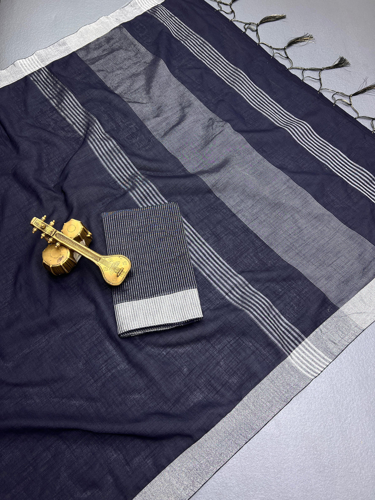 Pure Cotton Linen Saree with Silver Jari Weaving