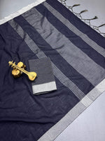 Pure Cotton Linen Saree with Silver Jari Weaving