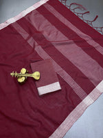 Pure Cotton Linen Saree with Silver Jari Weaving