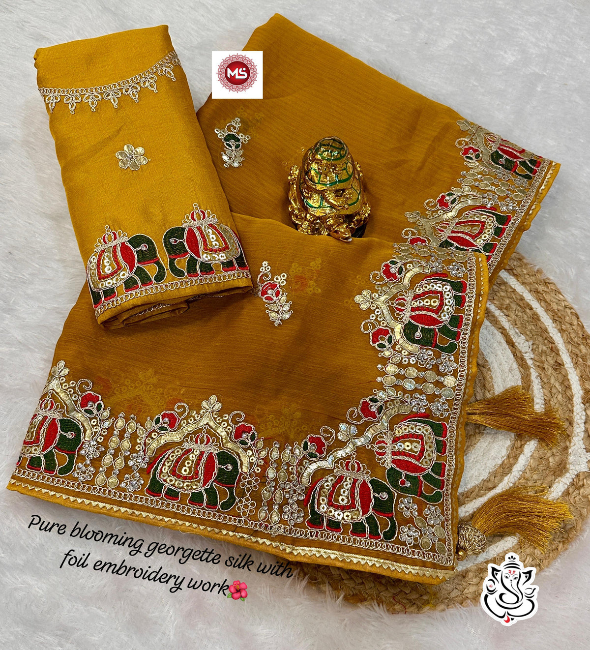 Heavy Silky Blooming Georgette Saree with Thread & Gotapatti Work + Banglori Work Blouse