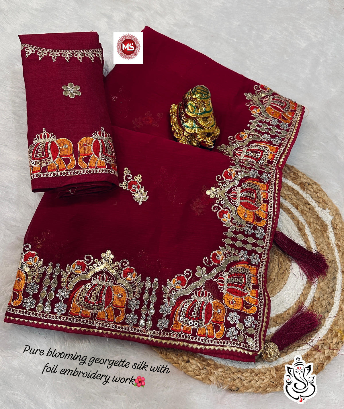 Heavy Silky Blooming Georgette Saree with Thread & Gotapatti Work + Banglori Work Blouse