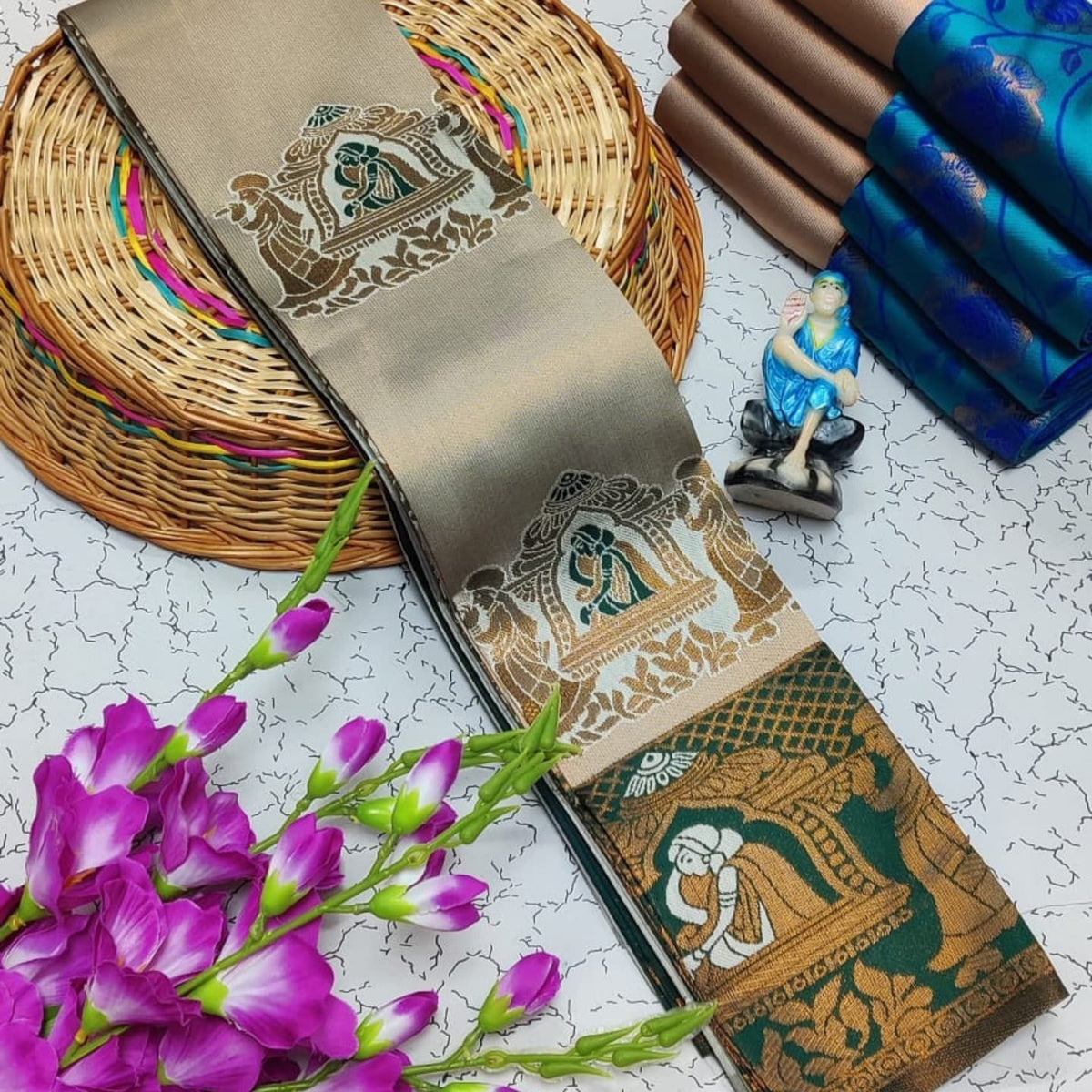 Premium Kubera Silk Saree with 3D Embossed Weaving & Rose Gold Jari