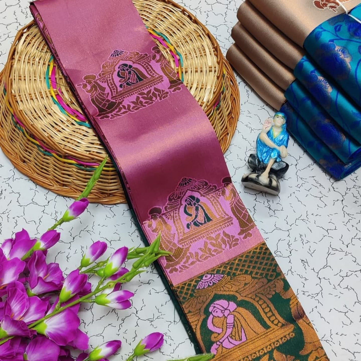 Premium Kubera Silk Saree with 3D Embossed Weaving & Rose Gold Jari