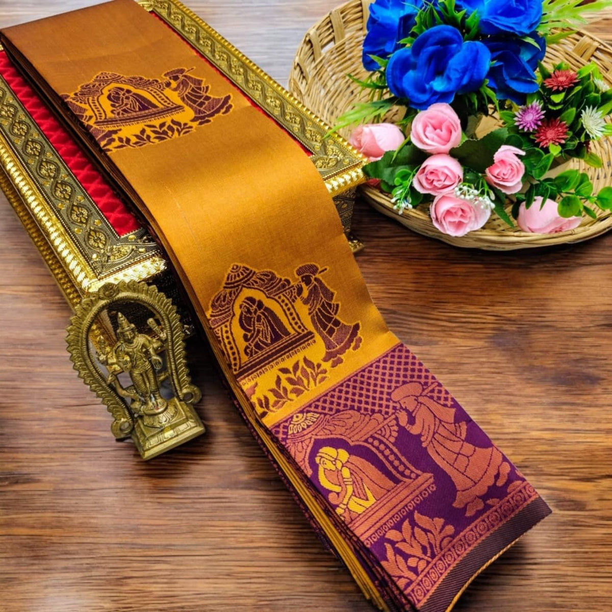 Premium Kubera Silk Saree with 3D Embossed Weaving & Rose Gold Jari