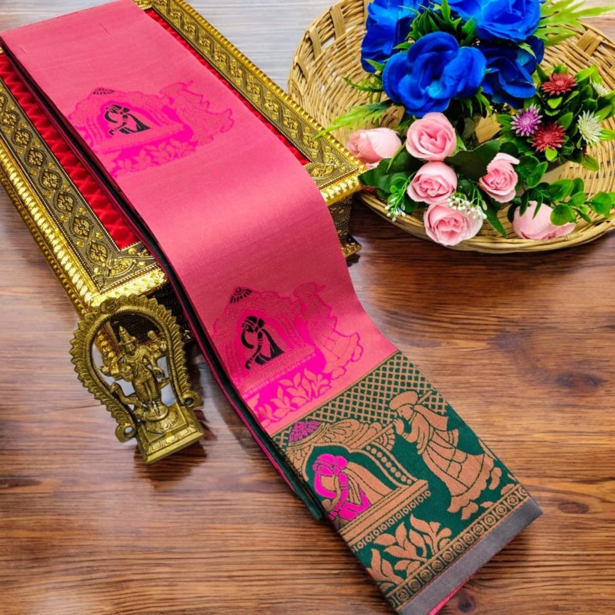 Premium Kubera Silk Saree with 3D Embossed Weaving & Rose Gold Jari