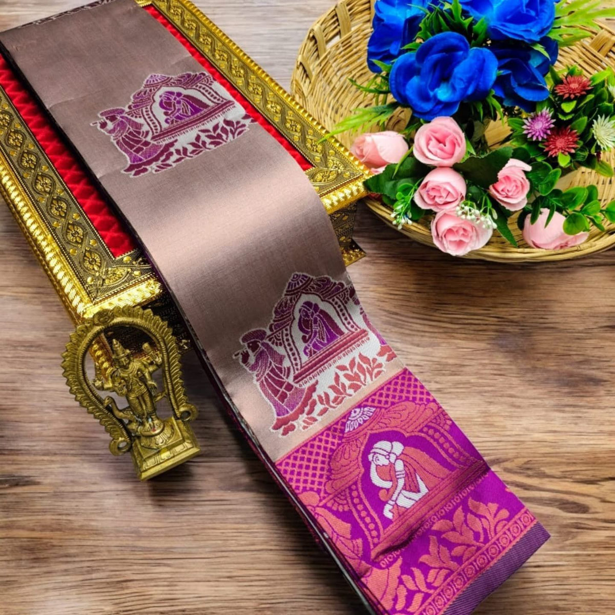 Premium Kubera Silk Saree with 3D Embossed Weaving & Rose Gold Jari
