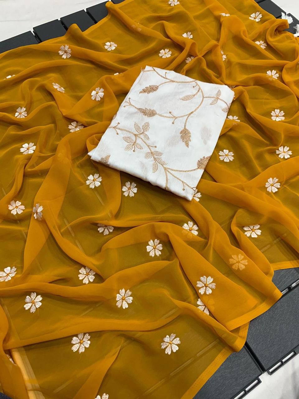 Gorgeous Georgette Saree with Thread Embroidery & Embellished Banglori Blouse