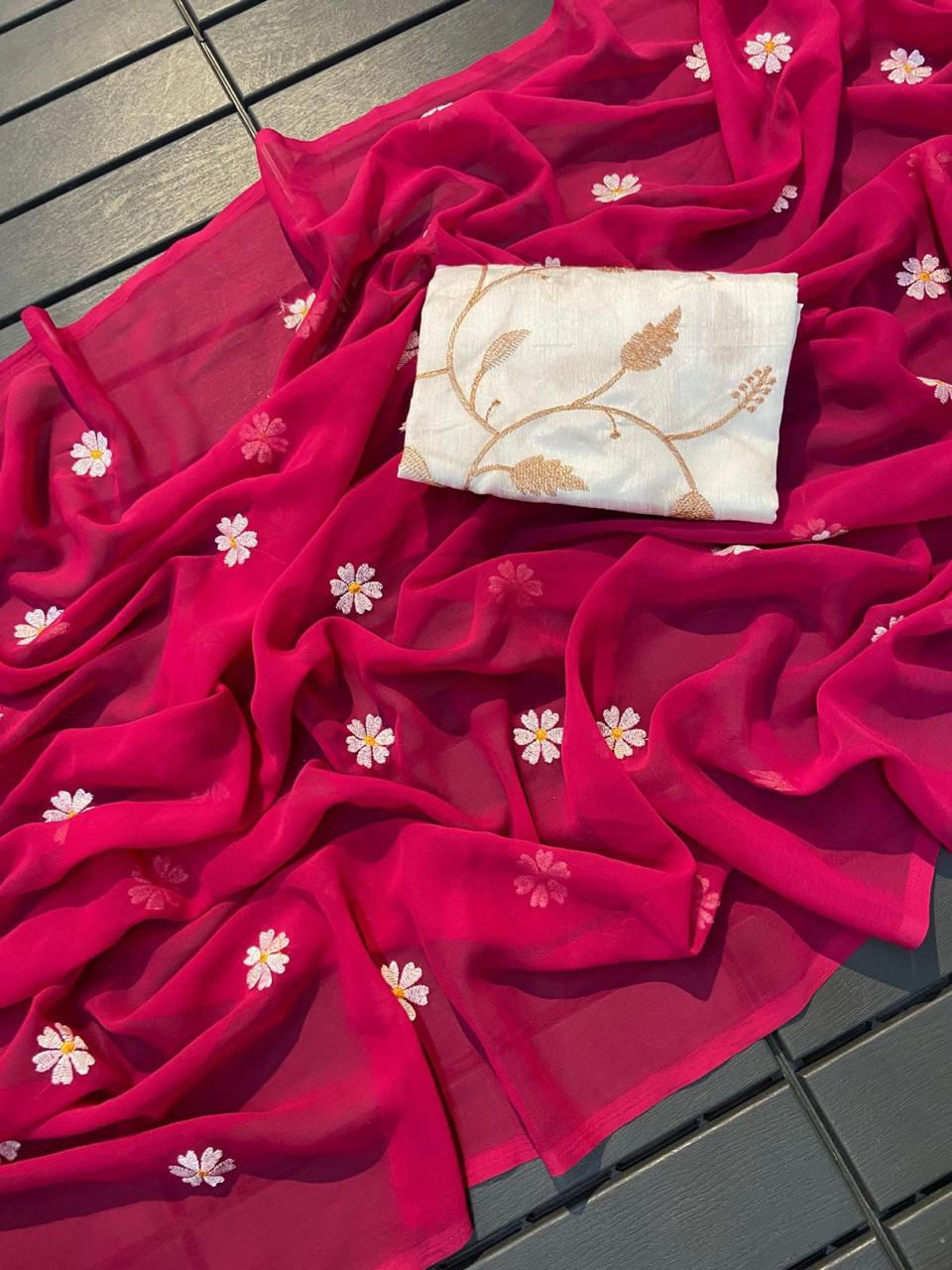 Gorgeous Georgette Saree with Thread Embroidery & Embellished Banglori Blouse