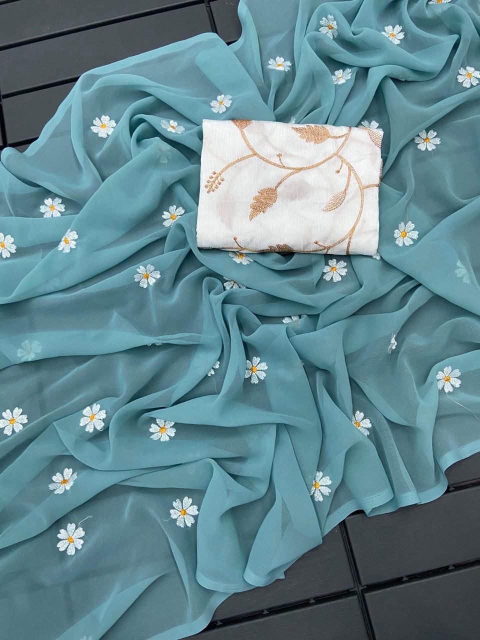 Gorgeous Georgette Saree with Thread Embroidery & Embellished Banglori Blouse