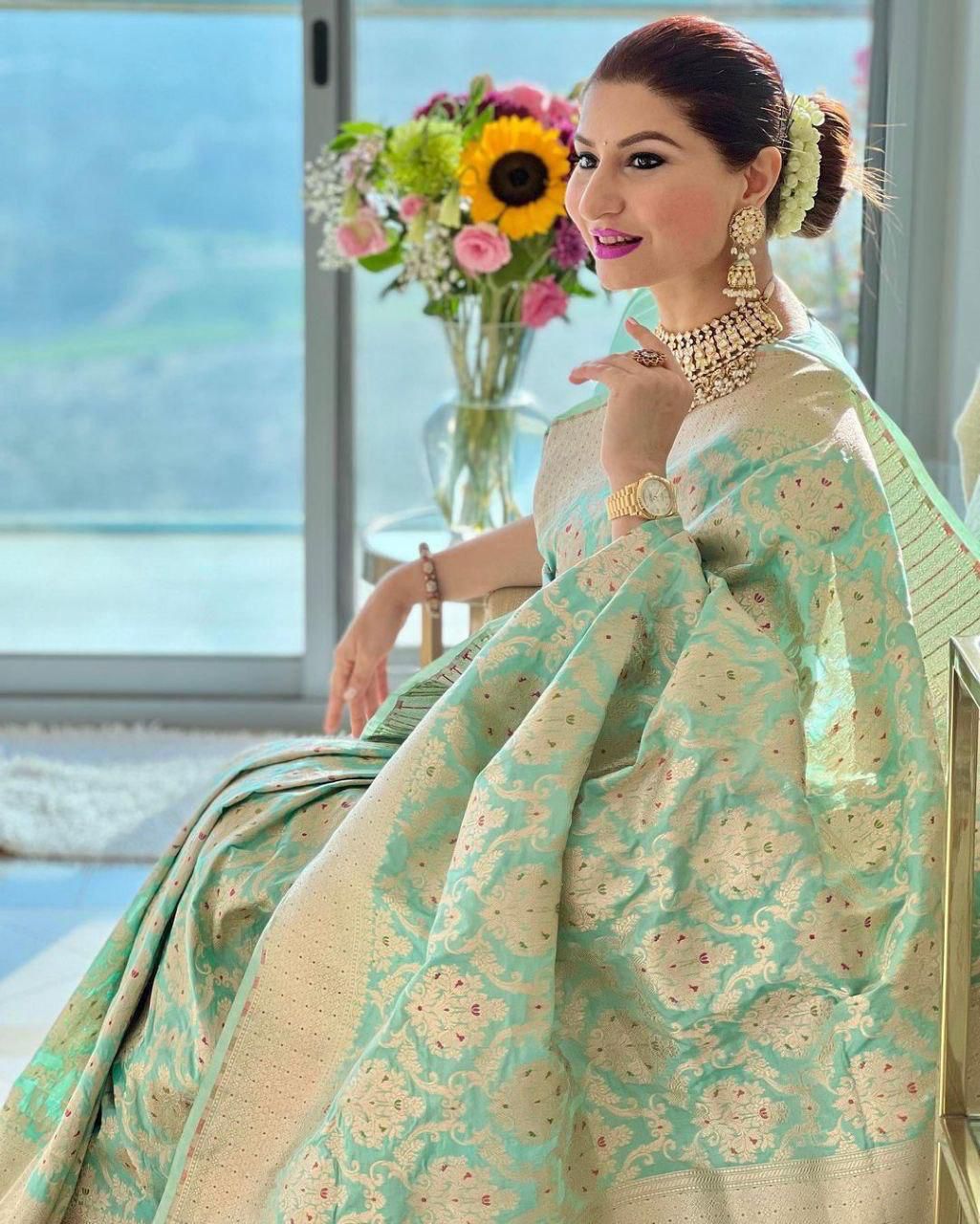 Elegant Soft Lichi Silk Saree with Rich Jacquard Work & Contrast Blouse