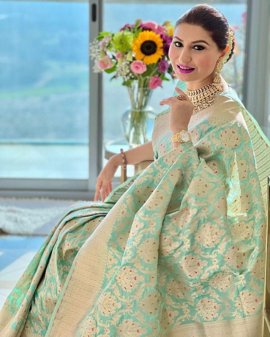 Elegant Soft Lichi Silk Saree with Rich Jacquard Work & Contrast Blouse